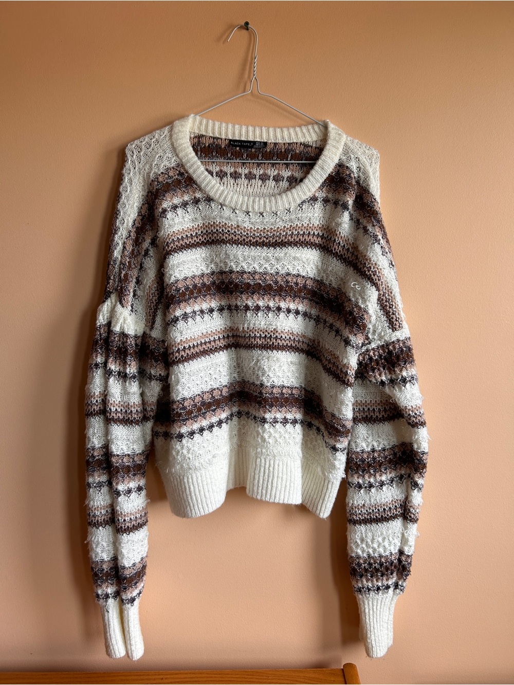 Black Tape_ Cream and Brown Striped Knit Crewneck Sweater - Picture 2 of 8